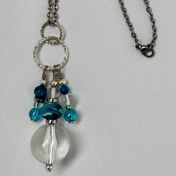 Necklace handmade 3 tier dangle silver turquoise clear crystal beads OOAK - Picture 4 of 7